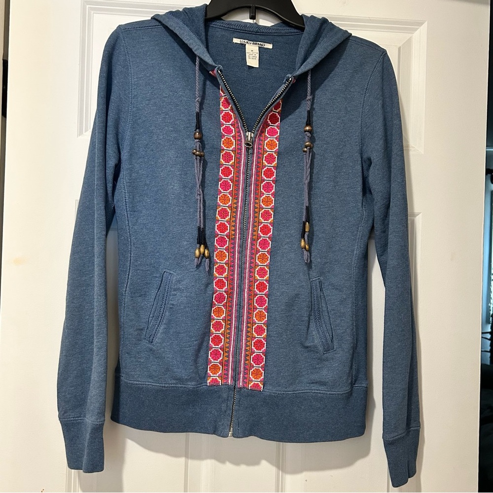 Lucky Brand Blue Zip Hoodie with Pink & Orange Embroidered Trim & Beaded String - Picture 2 of 16